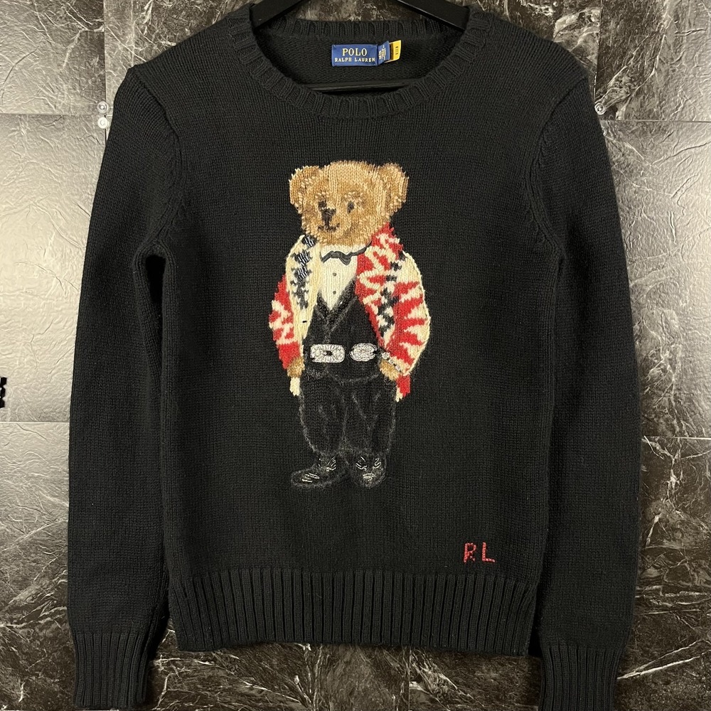 Polo Ralph Lauren Women's Black Tuxedo Polo Bear Wool Cashmere Sweater XS